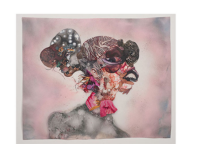 Wangechi Mutu. <em>Pretty Double-Head</em>, 2010. Mixed media, ink, collage and spray paint on Mylar, 34 x 41 ¾ in. (86.4 x 106.1 cm.). Collection of Blake Byrne. Courtesy of the artist Susanne Vielmetter. Los Angeles Projects Photo credit: Robert Wedemeyer. Mutu Pretty Double-Head